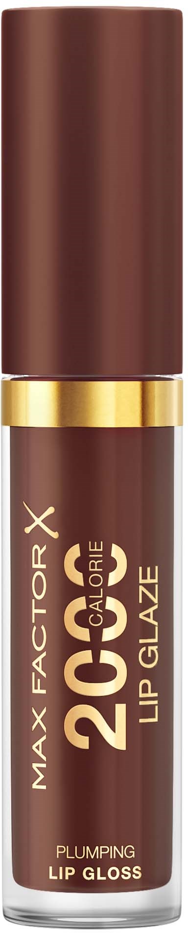 Lip gloss tube in brown color with gold ring, labeled 'Max Factor 2in1 Lip Glaze, Plumping, Lip Gloss.'