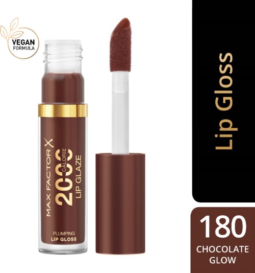 Brown lip gloss in a clear tube with a brown cap and sponge applicator. Text indicates it's a vegan product with chocolate shade.