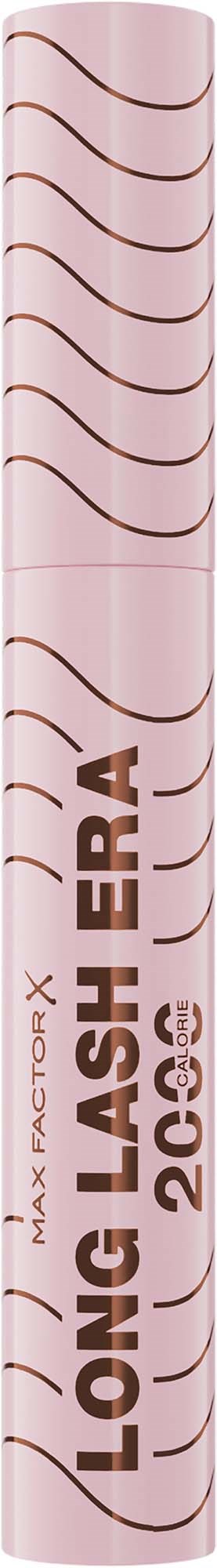 En rosa mascara-rör med bruna vågiga mönster och texten Lash Lash och Max Factor. Den står upprätt.
