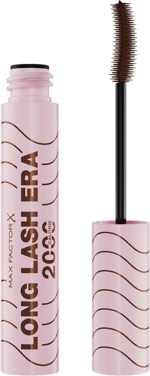 Rosa mascara-rör med svart och brunt böjt linjemönster, borste med böjt brunt mascara redo för applicering.