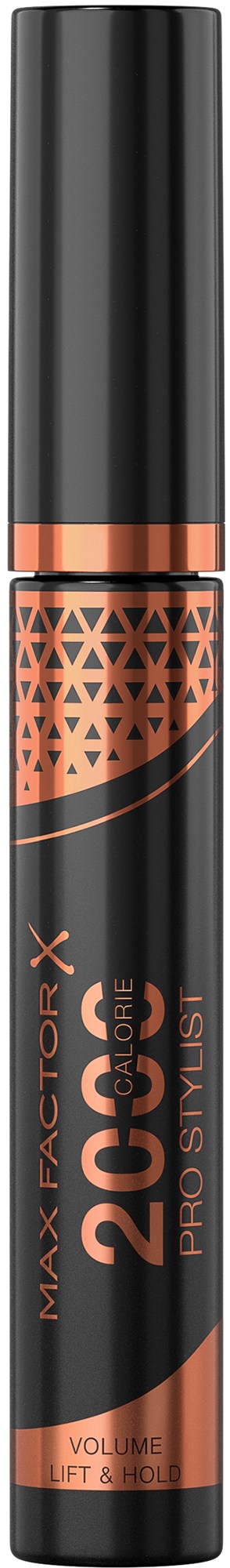 Zwarte en orange tube met Max Factor mascara met '20 Gold' label en geometrische patronen.