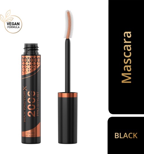 Vegan mascara tube met een borstel, zwart van kleur, en oranje en zwart verpakt. Het is voor oogmake-up.