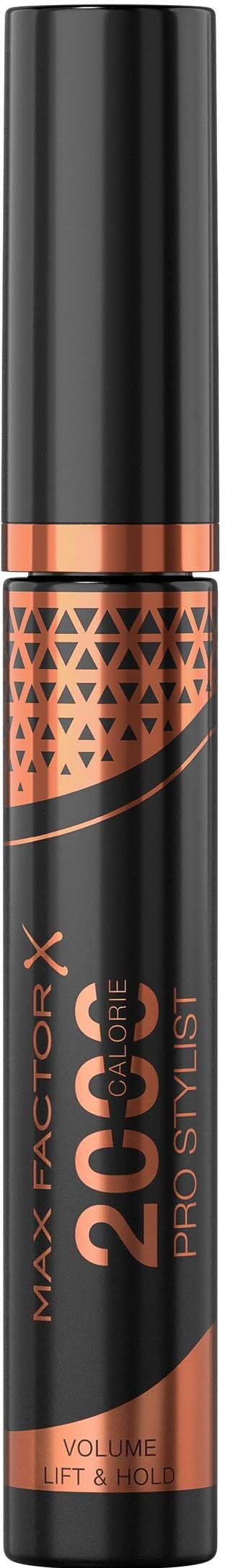 A black and copper-colored mascara tube with orange accents. It has the words "MAX FACTOR X" and "20 HOUR" on it.