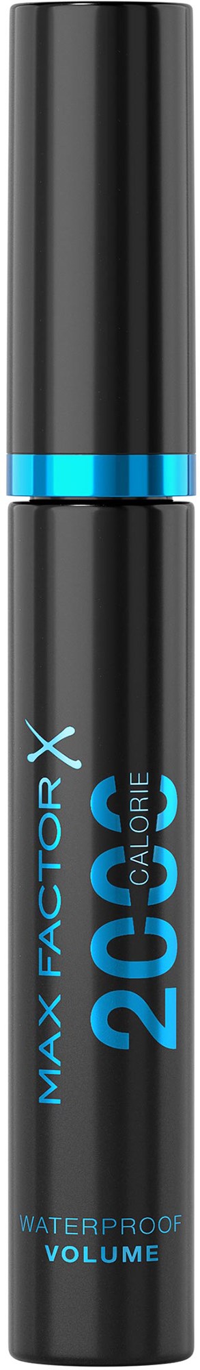 Een zwarte waterdichte mascara-hülse met blauwe accenten en tekst, gemarkeerd voor volume en 26X factor.