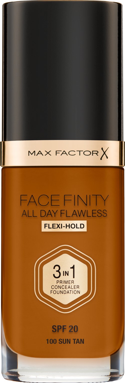 En foundationflaska märkta 'MAX FACTOR X FACE FINITY', med SPF 20, för solbränna och felfritt utseende.