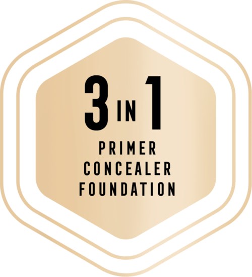 En logotyp för en 3-i-1 primer, concealer och foundation-produkt med beige och guldtema.