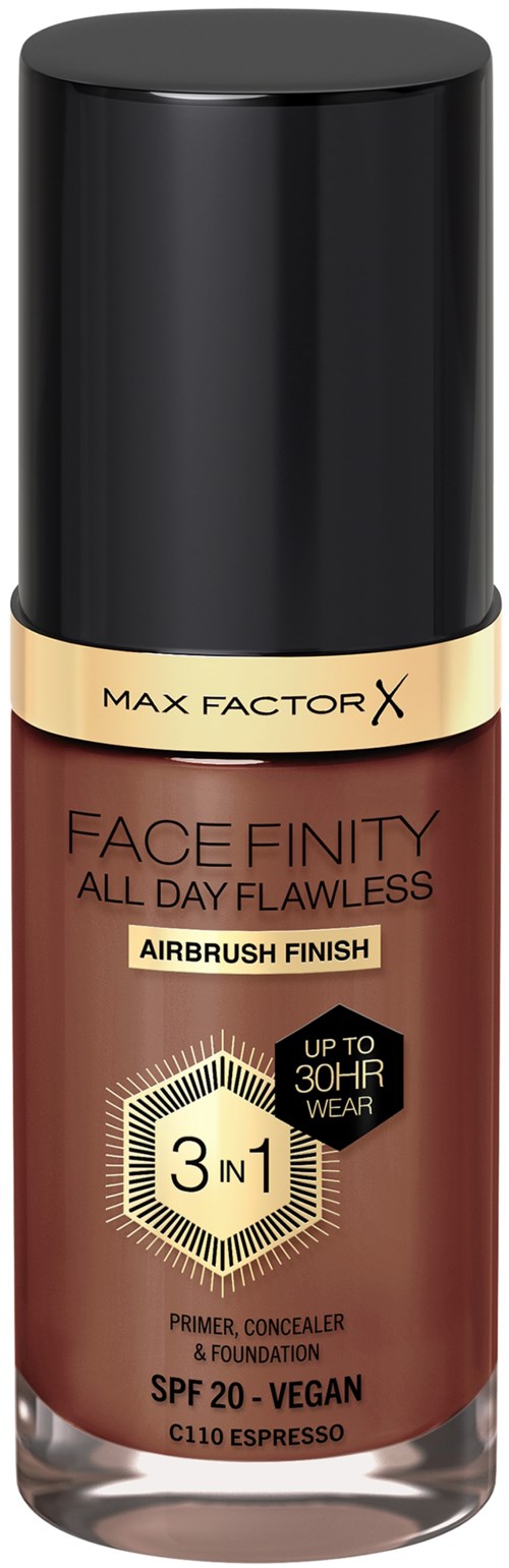 En brun flytande foundationflaska med svart lock, märkt Max Factor Face Finity, erbjuder 3-i-1 täckning, SPF 20, vegansk.
