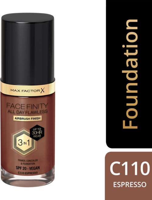 En foundationsflaska märkt Max Factor Face Finity, med svart lock och beige och brunt förpackning.