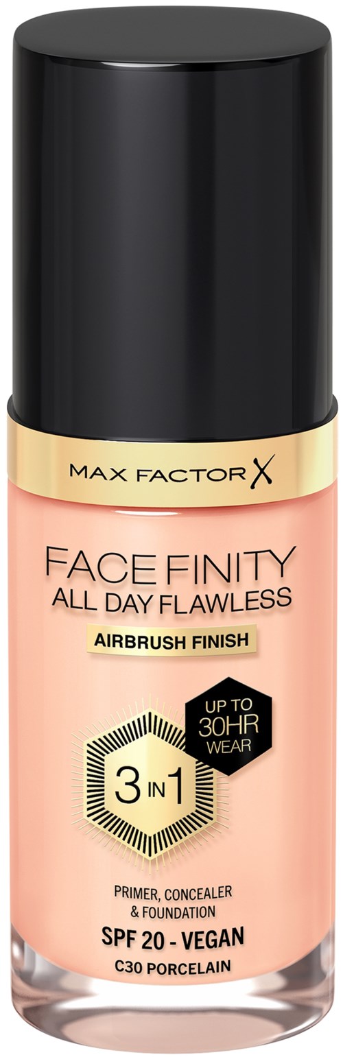Een fles Max Factor Face Finity make-up met primer, concealer en foundation, SPF 20, vegan, porselein tint.