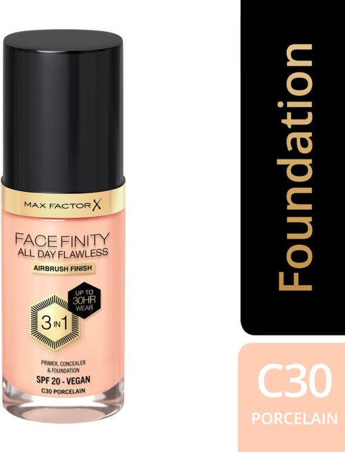 Een foundationfles met titel 'Max Factor Face Finity', SPF 20, veganistisch, voor porseleinen huid, en 3-in-1 make-up.