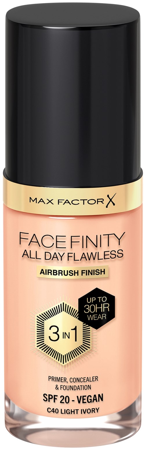Eine Flasche Max Factor Face Finity Foundation mit SPF 20, vegan, und bis zu 30 Stunden Haltbarkeit.