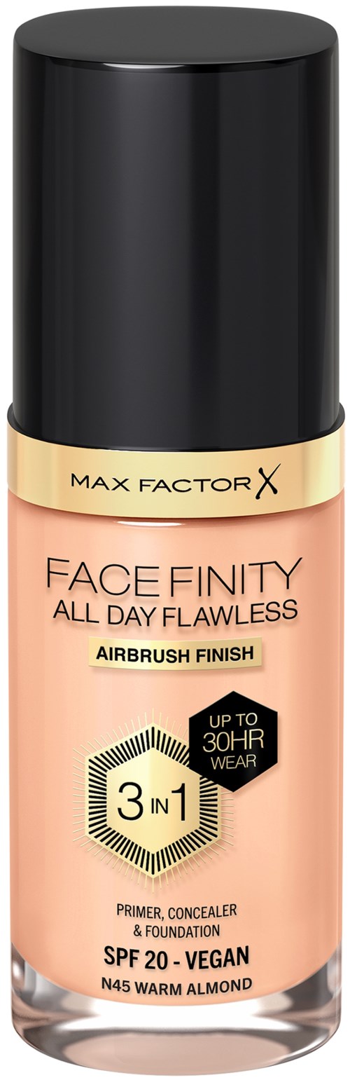 Eine Flasche Max Factor Face Finity Make-up, als all day flawless gekennzeichnet, mit SPF 20, vegan, und warmes Mandel-Farbton.