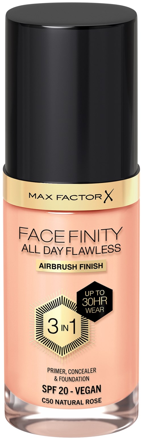 Es ist eine Foundation-Flasche mit schwarzem Deckel, von Max Factor X, für langanhaltendes, veganes Make-up mit SPF 20.