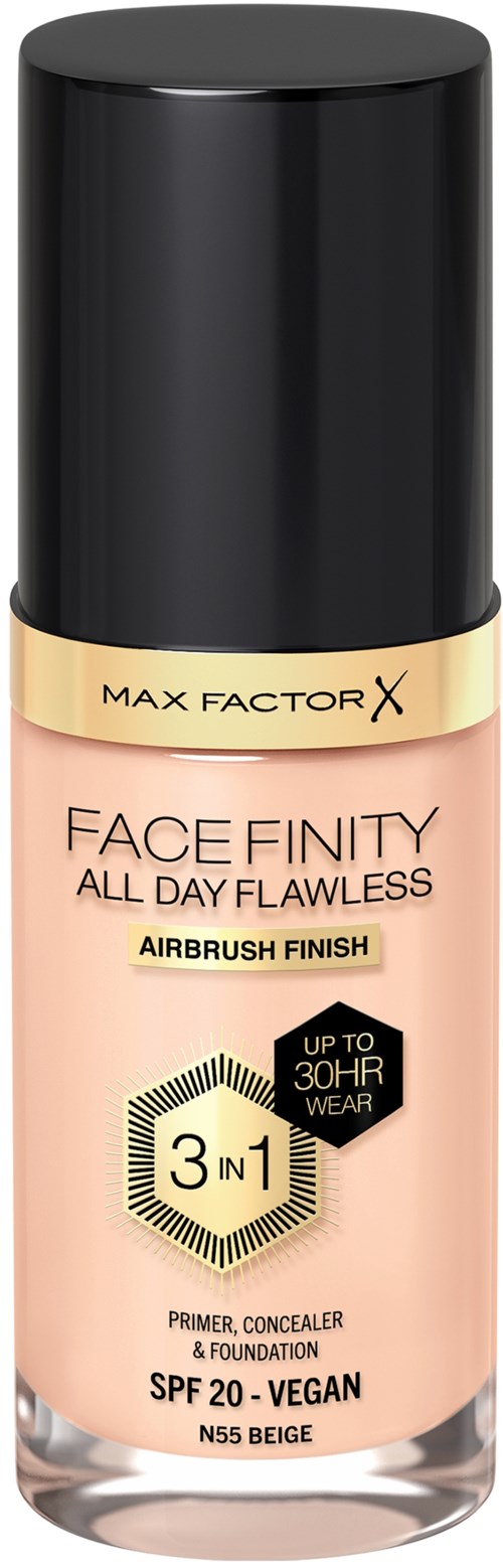 Eine Max Factor Face Finity Make-up-Flasche mit SPF 20, vegan, und Airbrush-Finish für ganztägiges Tragen.