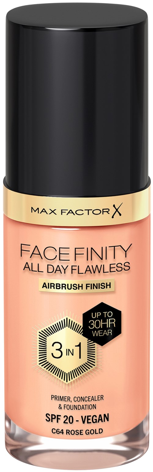 Eine Flasche Max Factor Face Finity Foundation mit SPF 20, vegan, langanhaltend, in Rose Gold.