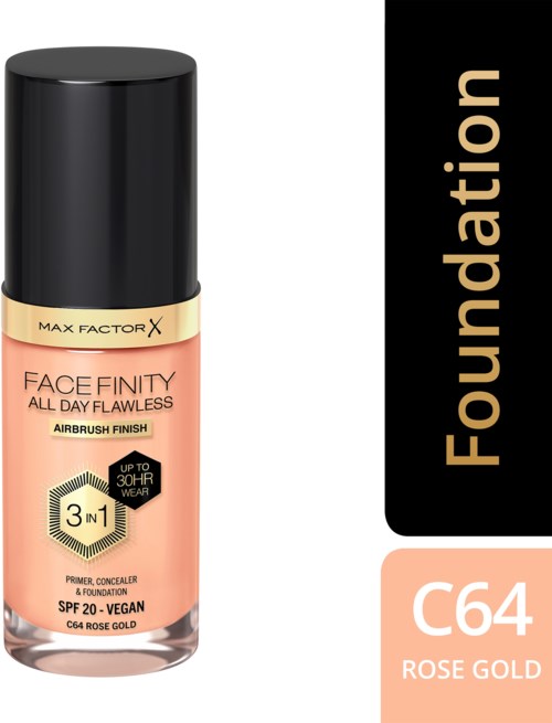 Foundation-Flasche mit der Aufschrift 'Face Finity', Farbton C64 Rose Gold, mit SPF 20, vegan, bis zu 30 Stunden Haltbarkeit.