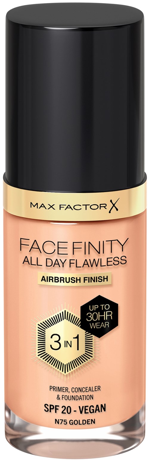 Flasche Max Factor Face Finity All Day Flawless Foundation mit SPF 20, vegan, in Nude, mit schwarzem Deckel.