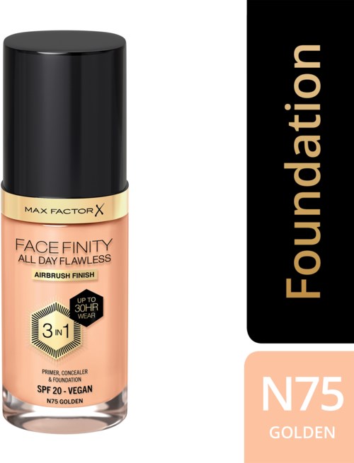 Eine Flasche Max Factor Gesichtsgrundierung mit SPF 20, vegan, in N75 Golden Ton, 3-in-1 Make-up.