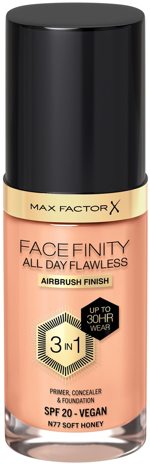 Eine Flasche Max Factor Gesichtsmakeup mit 3-in-1 Primer, Concealer, Foundation, vegan, SPF 20 und langanhaltend.