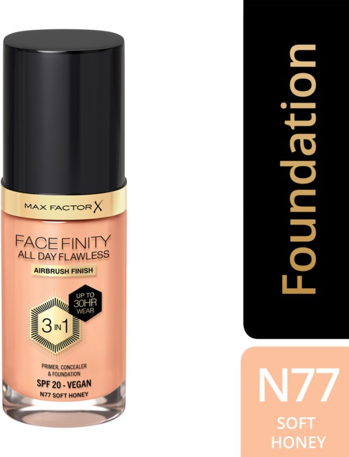 Kosmetikflasche mit 'Face Finity' Beschriftung, bietet 3-in-1 Make-up, SPF 20, vegan, weiche Honigfarbe, glatte Oberfläche.