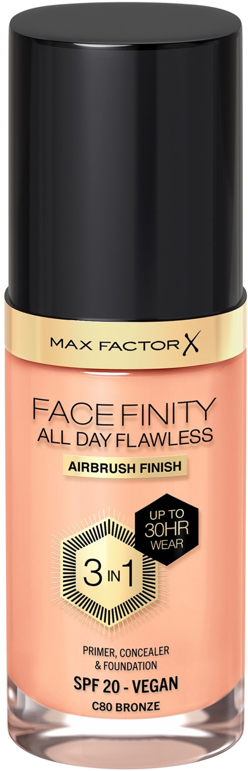 Max Factor Face Finity all day Foundation mit SPF 20, in einer beigen Flasche mit schwarzem Deckel, bietet 3-in-1 Abdeckung und lange Haltbarkeit.