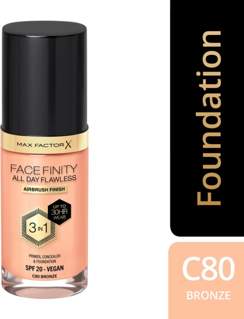 Eine Kosmetikflasche mit schwarzem Deckel, Beschriftung 'Max Factor X Face Finity,' ist eine Foundation in Farbton C80 Bronze.