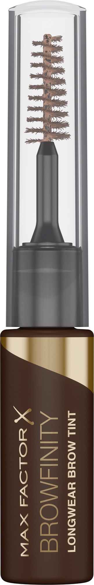 Langdurige wenkbrauwverf met kwast in een fles. Bruine kleur, genaamd 'Longwear Brow Infinity' door Max Factor.
