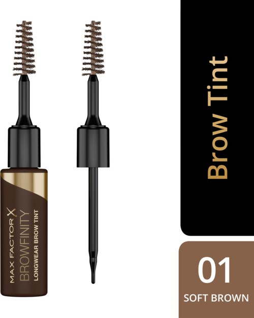 Een wenkbrauwkleuring in een bruin flesje met borstel en applicator, label 'Brow Tint' en 'Soft Brown'.