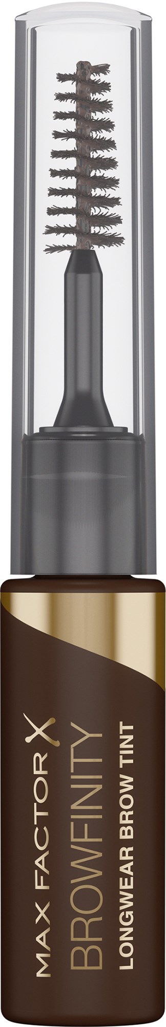 Kulmakarväriputki, jossa harja ja etiketti "Max Factor X Browfinity Longwear Brow Tint."