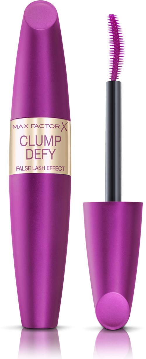 Een paarse mascara-tube met uitgeklapte borstel die roze mascara toont.