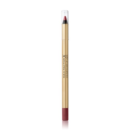 En guldfärgad penna med rosa spets och tydligt lock. Den är märkt "Max Factor X" och "ColorDrama Lipstick".