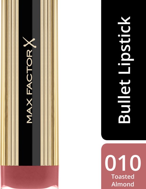 Das Design zeigt einen Lippenstift mit gold- und schwarz gestreiftem Röhrchen und einem rosa Sockel. Text sagt "Bullet Lipstick" und "Max Factor X."