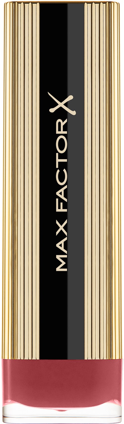 A lipstick tube with gold striped design and a pink lipstick at the bottom.