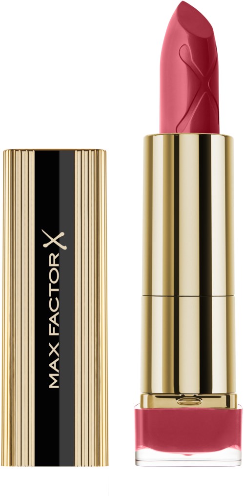 Een roze lippenstift met een goud- en zwarte huls, gemarkeerd Max Factor X.