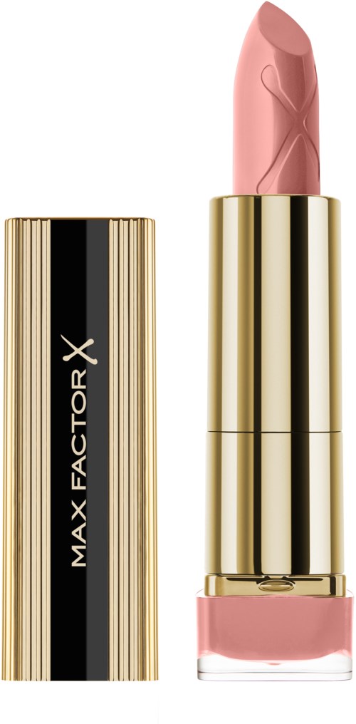 Ett rosa läppstift i en guldfärgad och svart rör med etiketten 'MAX FACTOR X' på.