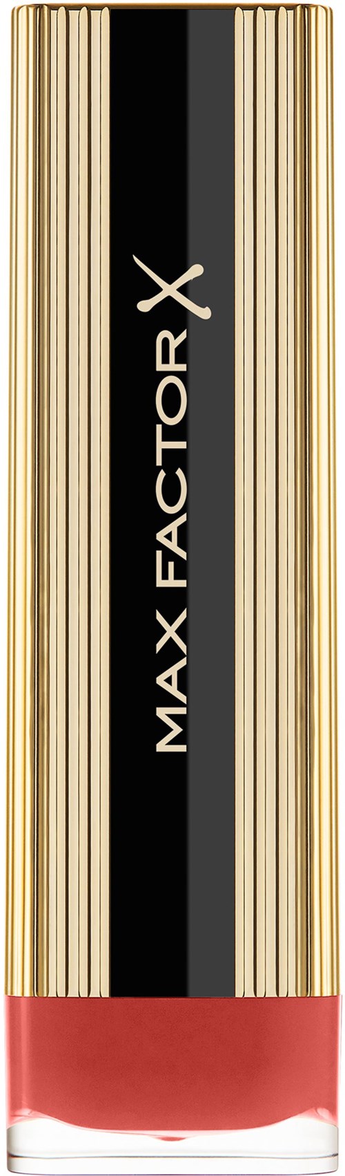 A lipstick tube with a gold and black striped design and the name 'Max Factor X' on it. Pink color at the bottom.