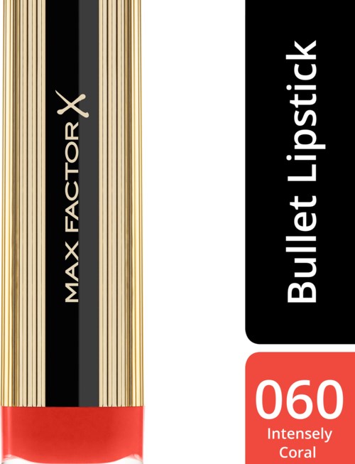 Ett läppstiftsrör med guld- och svart färg, märkt 'Bullet Lipstick 060 Intensely Coral' från Max Factor.