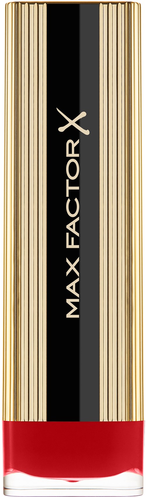 Ein Lippenstift mit schwarzen, goldenen und roten Farben, beschriftet mit 'MAX FACTOR X'.
