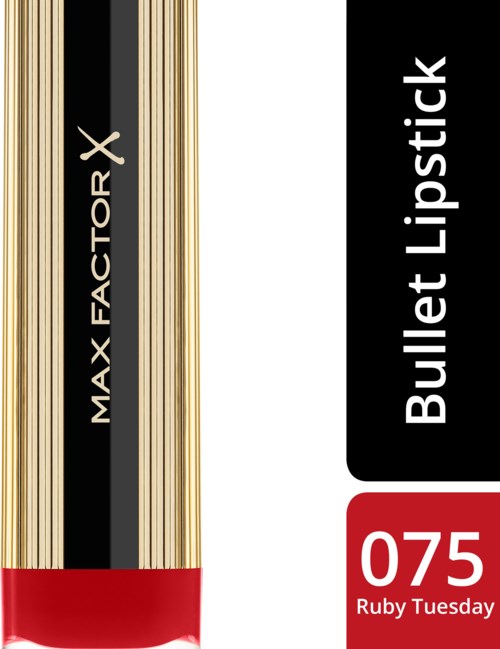 Dies ist ein schwarzer, goldener und roter Lippenstift, gekennzeichnet mit MAX FACTOR X Bullet Lipstick, Farbton 075 Ruby Tuseday.