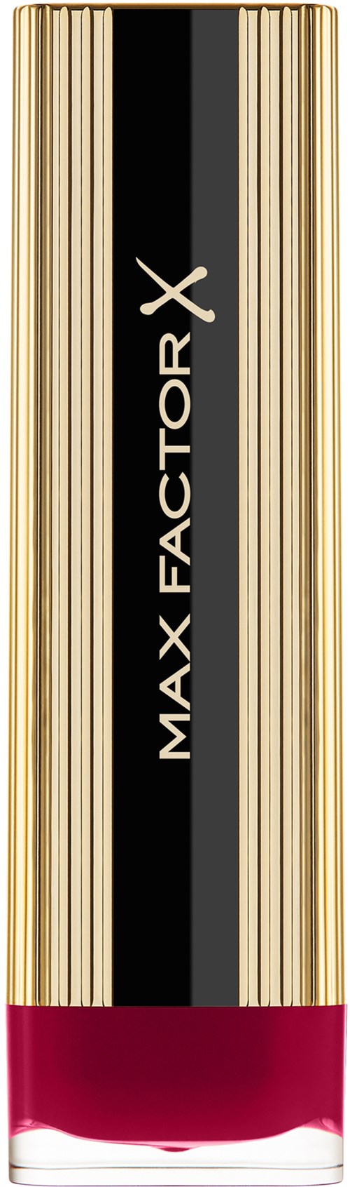 A lipstick tube with a black stripe, gold details, and red lipstick visible at the bottom.