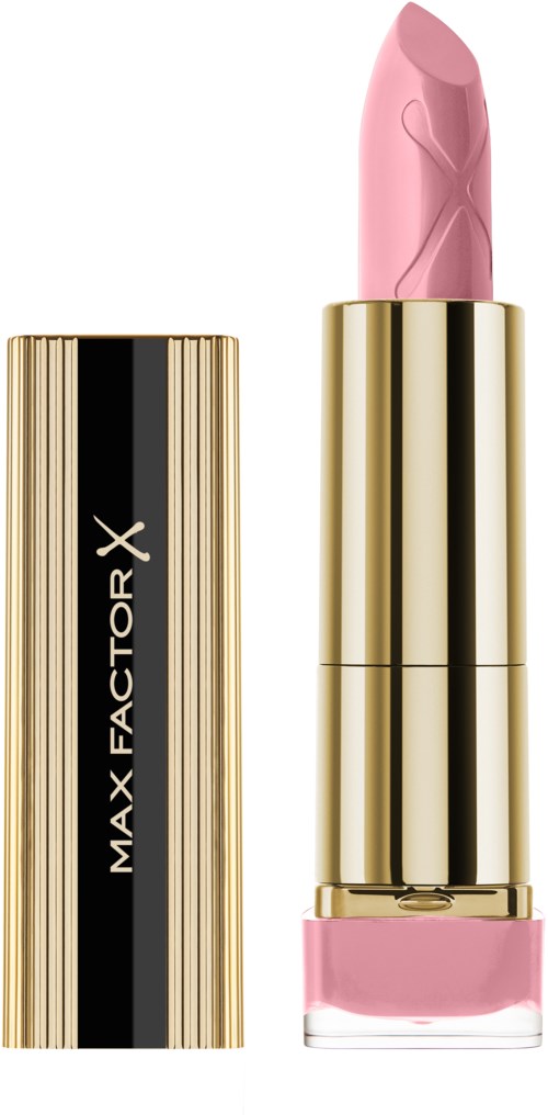 En rosa läppstift i ett guldmunstycke med svarta och gyllene etiketten 'Max Factor X' på locket.