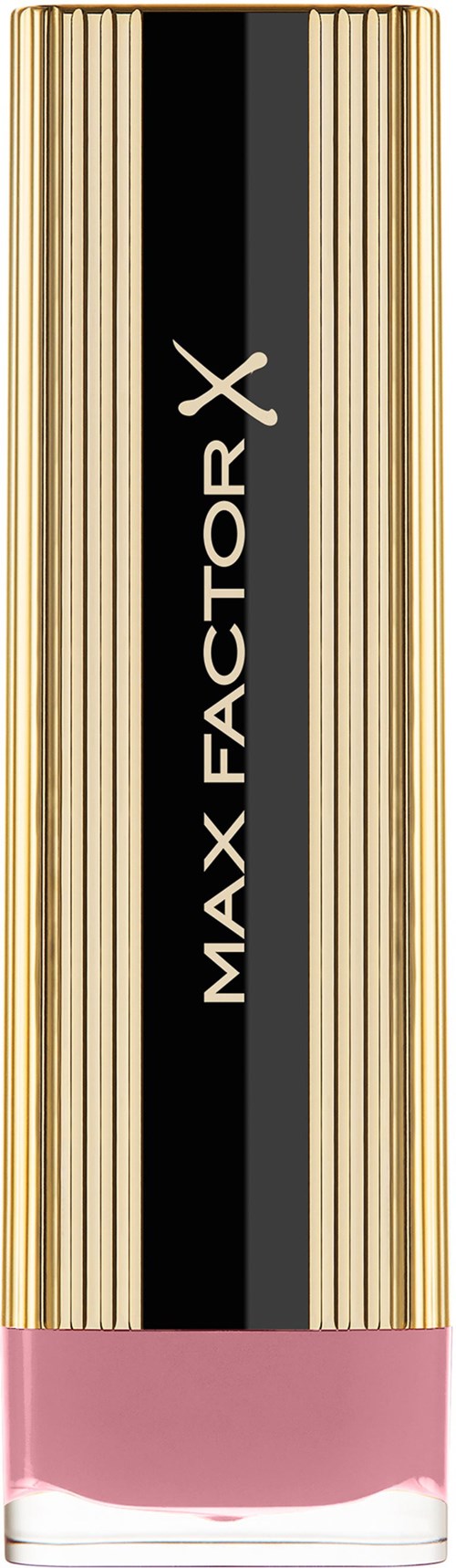Een hoge, rechthoekige lippenstift met goud en zwart strepen, roze onderkant, en merknaam 'MAX FACTOR X' in het midden.