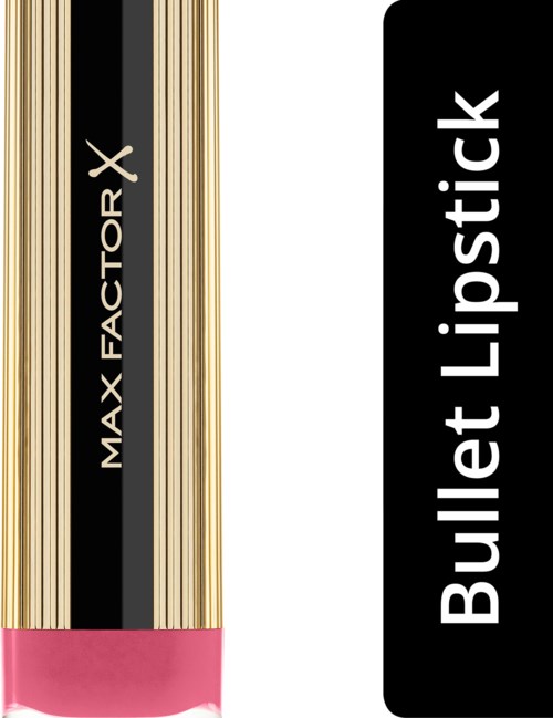 Black and gold striped packaging with a pink section at the bottom. Text: MAX FACTOR X Built Lipstick.