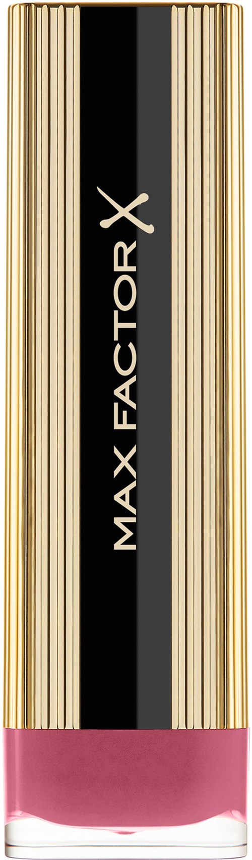 A tall rectangular bottle with gold and black stripes, pink liquid inside, and the label 'MAX FACTOR X'.