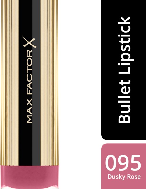 The image shows a Max Factor lipstick in Dusky Rose, number 095, with a shiny gold and black tube.