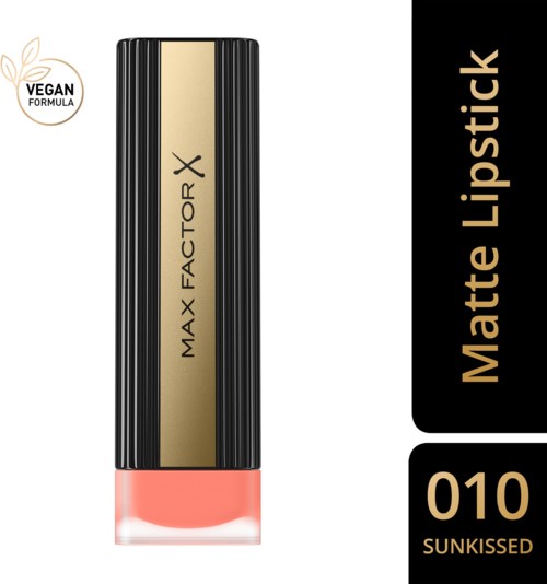 Ett läppstift i svart och guld, märkt Max Factor X, veganskt, matt, i nyansen Sunkissed, nummer 010.