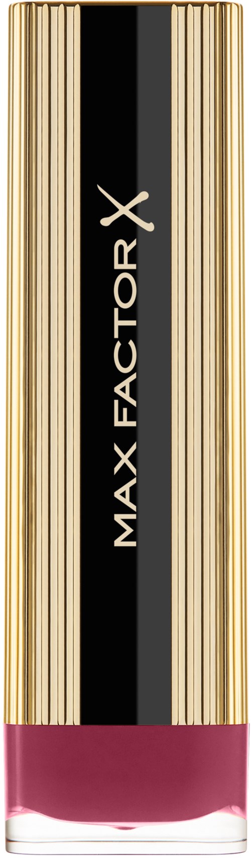 Een lange lipstick met gouden strepen, een zwart middenstuk met zachtroze onderaan, gemarkeerd met MAX FACTOR X.