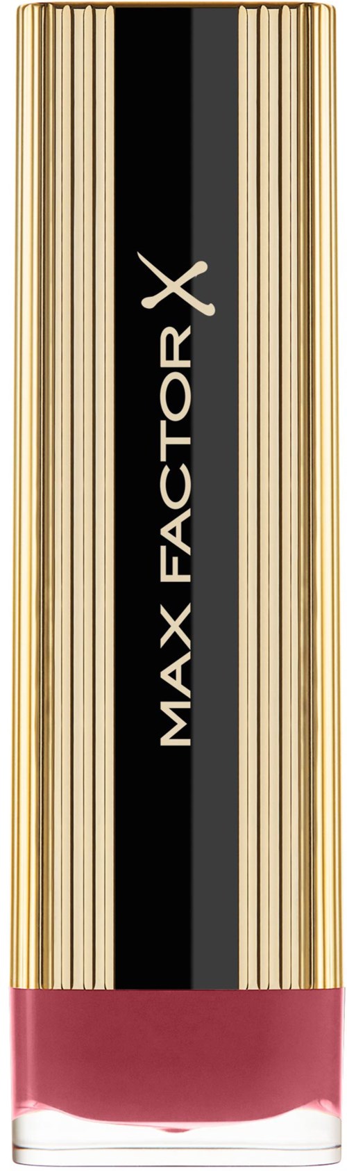 Max Factor X Lippenstift mit schwarzem und goldenem Design, pinke Farbe sichtbar am unteren Ende.