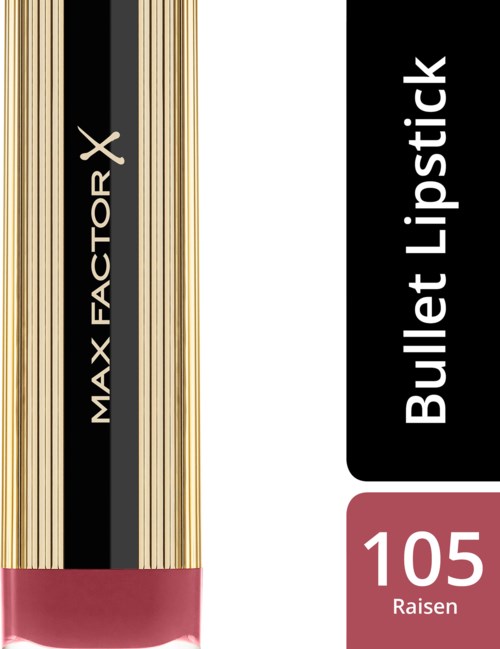 Verpackung für Bullet Lipstick mit Gold, Schwarz und Pink, zeigt Marke und Farbnummer 105 Raisen.