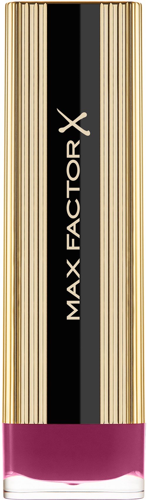 A lipstick tube with a gold and black design and pink lipstick inside.